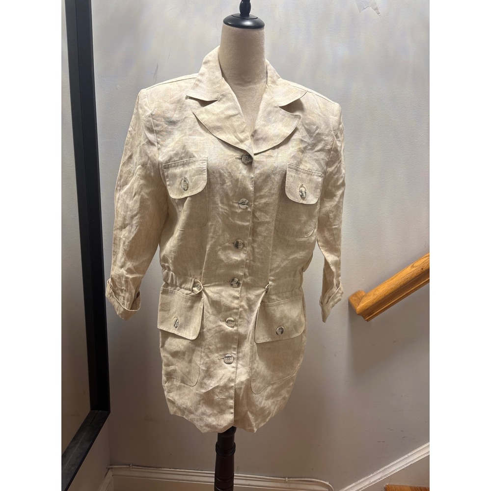 Mevisto Safari Jacket Womens  Beige 100% Linen Utility Field Coat Sz 14